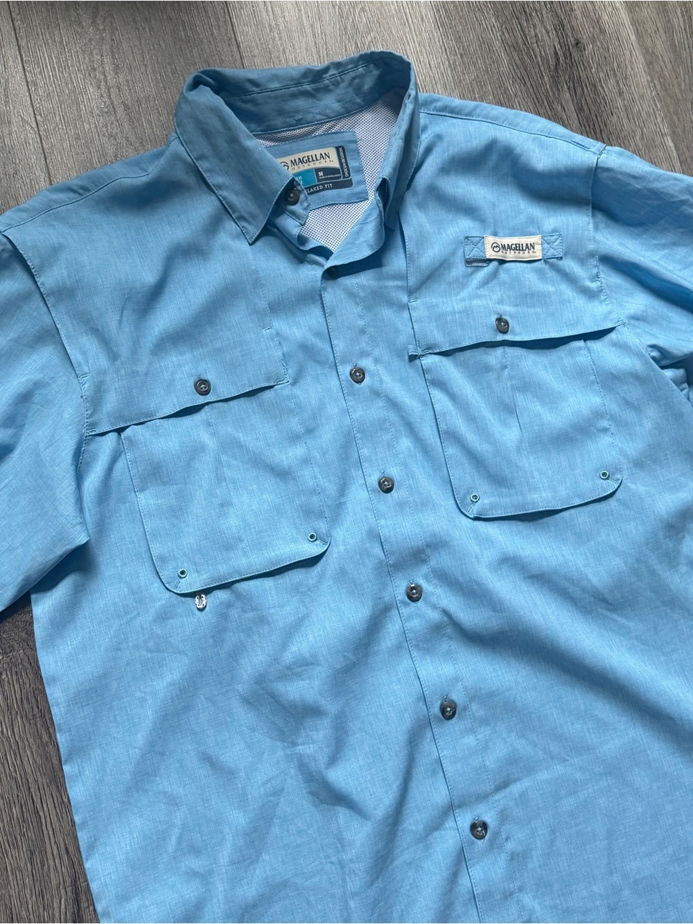Magellan Outdoors Fish Gear Men's M Blue Long Sleeve Fishing Shirt Pockets -0174